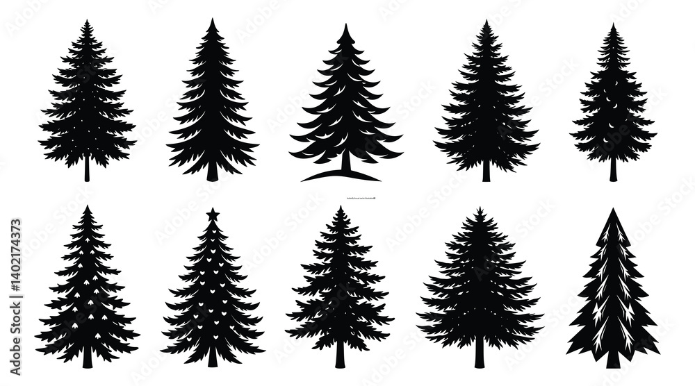 Fototapeta premium Christmas Tree Bundles Vector Silhouette | Festive Holiday Clipart Collection Featuring Pine Trees, Winter Forest Designs, Hand-Drawn Christmas Trees, Snowy Tree Graphics, and Seasonal Decorations for