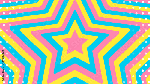 同心状の星とドットのパターン背景、ポップなデザイン、装飾的な放射型図形