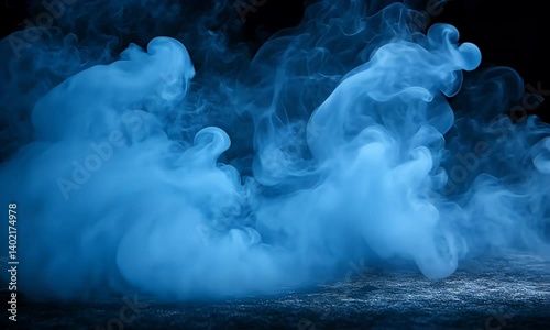 Swirling Blue Smoke Creating Abstract Patterns and Ethereal Atmosphere Against Dark Background with Texture and Movement in Artistic Scene