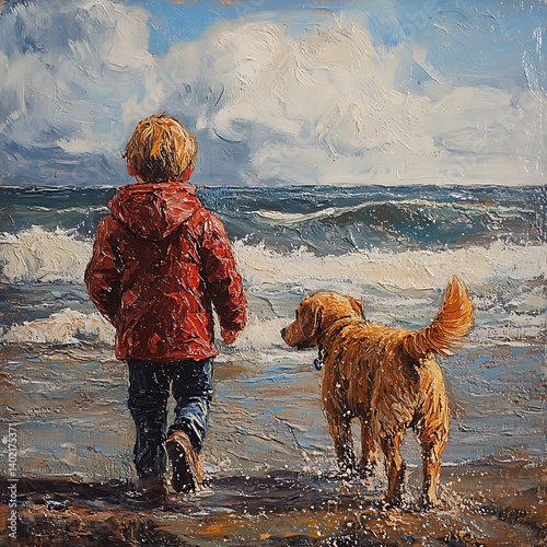 Boy Dog Beach Seascape