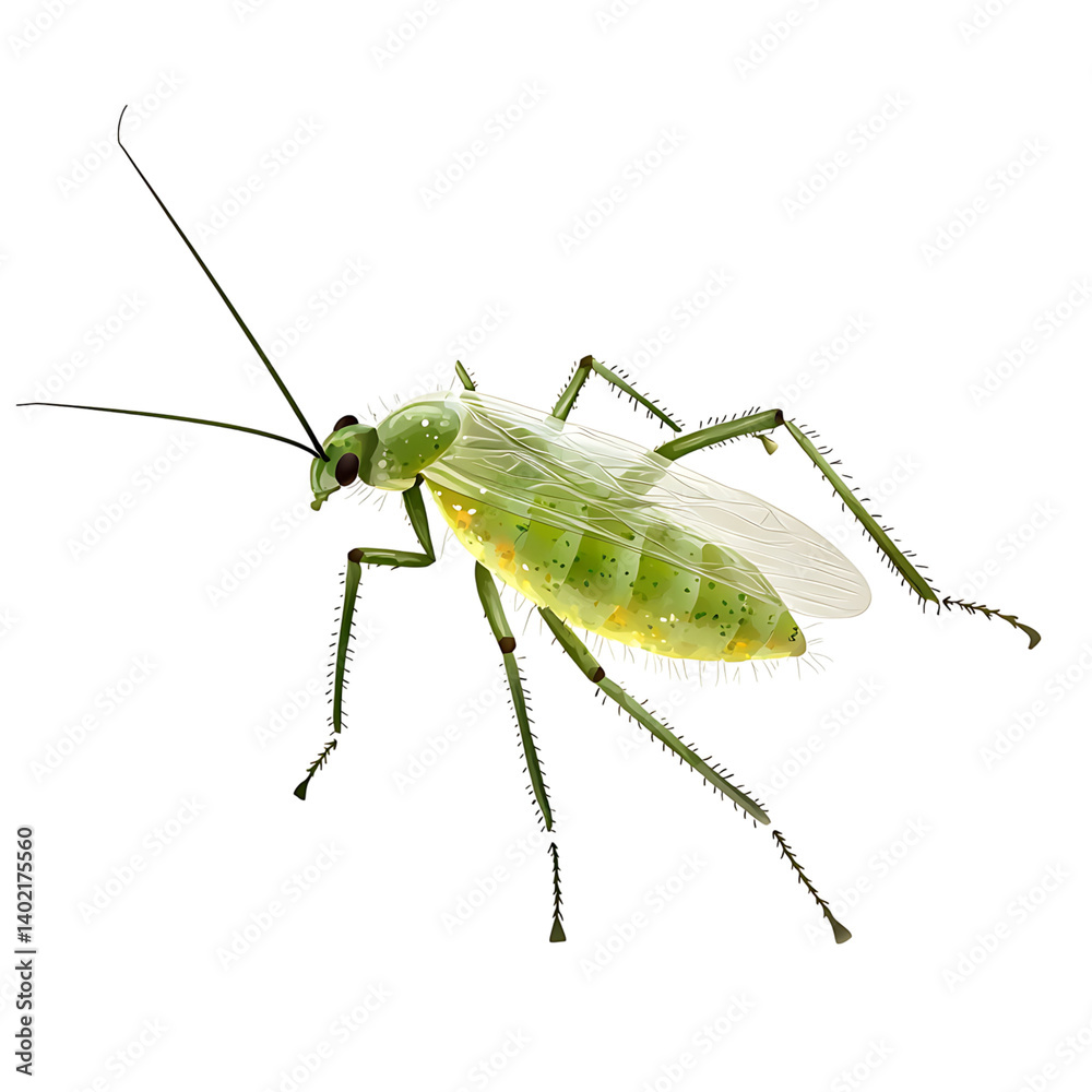 Close-up of a realistic green aphid insect with detailed body structure and legs, isolated on transparent background for scientific or educational purposes