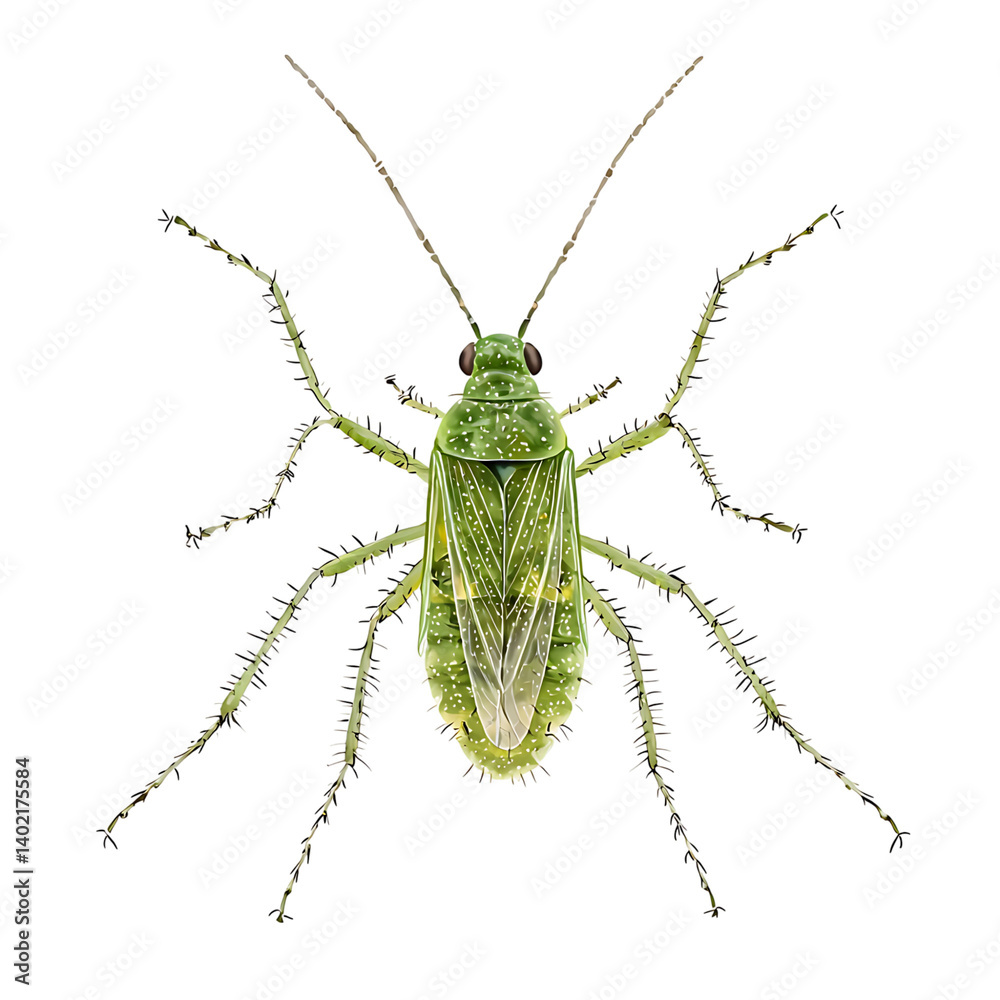 Close-up of a realistic green aphid insect with detailed body structure and legs, isolated on transparent background for scientific or educational purposes