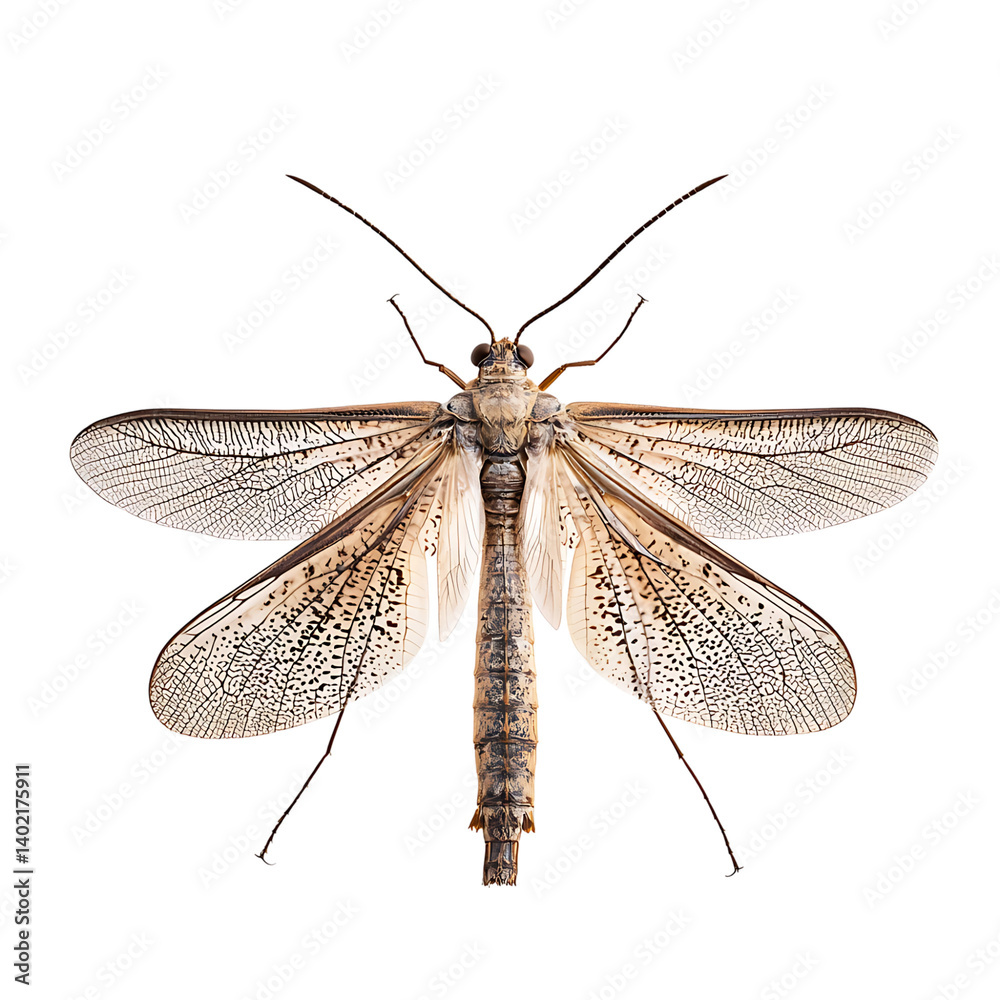 A detailed dobsonfly with translucent veined wings fully extended and segmented body displayed clearly, isolated on a transparent background in a symmetrical top view