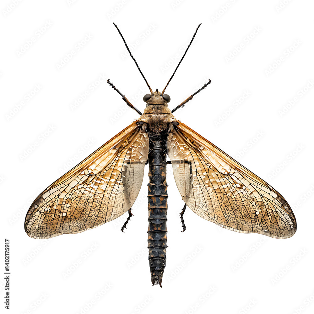 A detailed dobsonfly with translucent veined wings fully extended and segmented body displayed clearly, isolated on a transparent background in a symmetrical top view