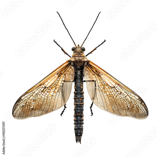 Obraz na płótnie A detailed dobsonfly with translucent veined wings fully extended and segmented body displayed clearly, isolated on a transparent background in a symmetrical top view w salonie