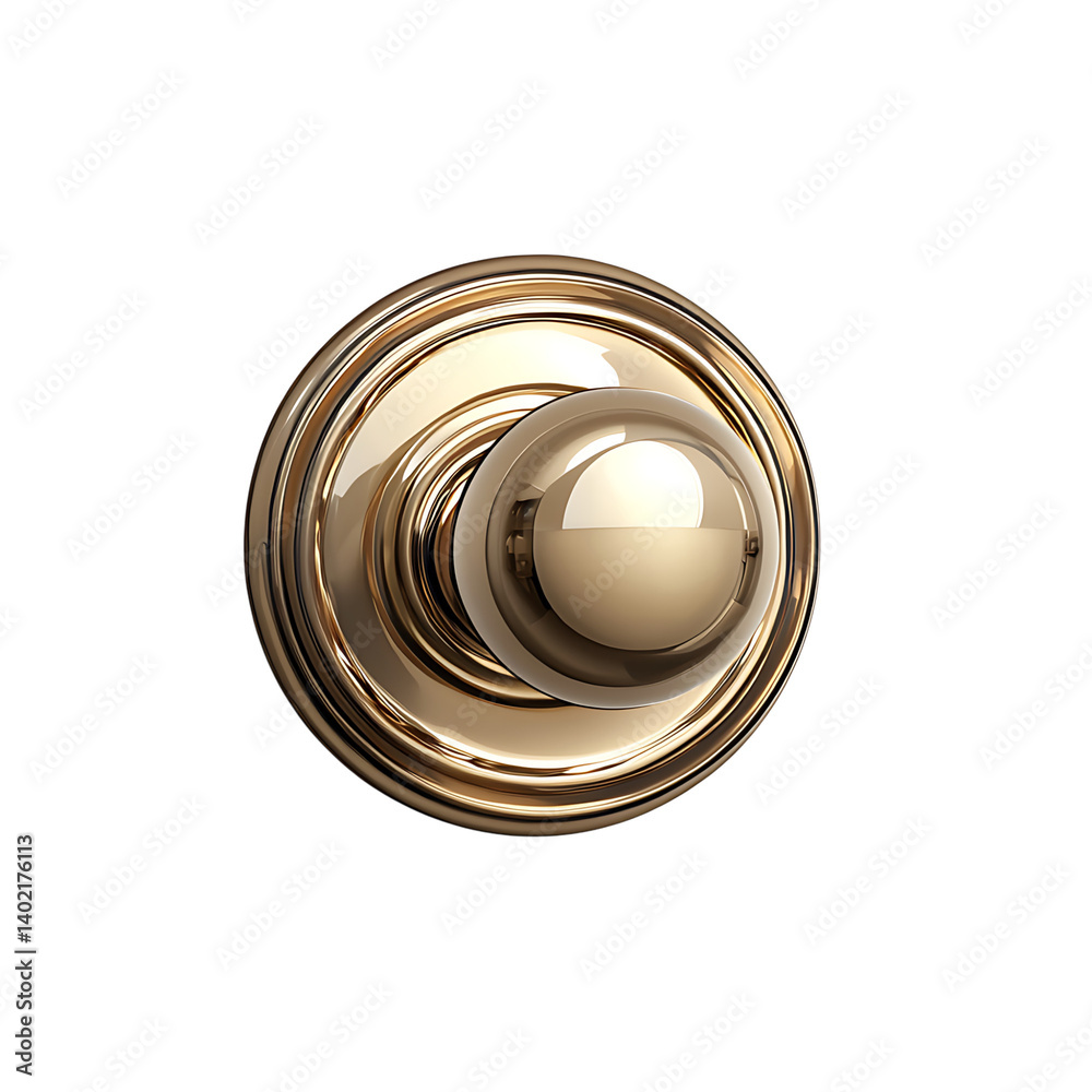 A polished brass round doorknob with a glossy reflective surface and classic design isolated on a transparent background viewed from the front