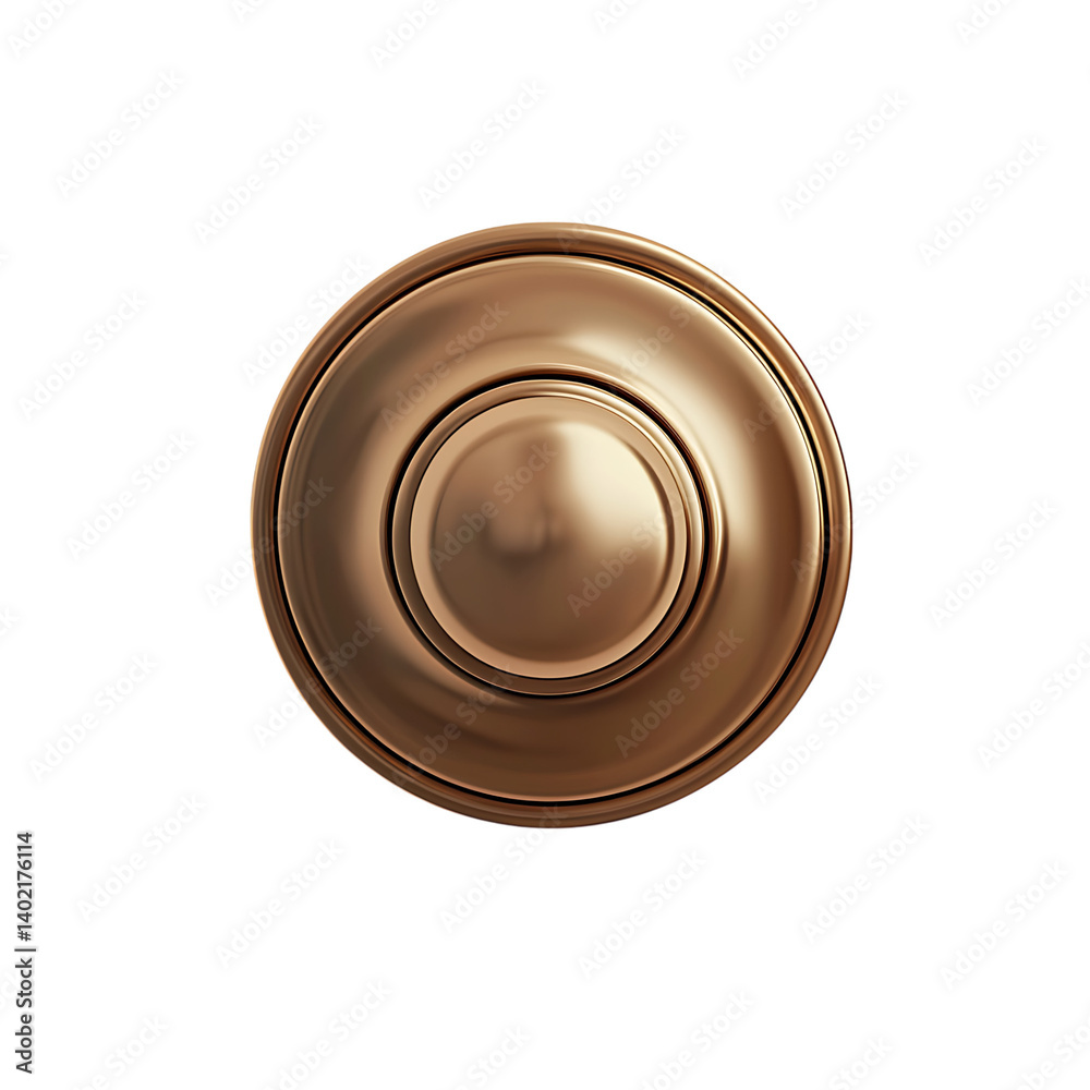 A polished brass round doorknob with a glossy reflective surface and classic design isolated on a transparent background viewed from the front