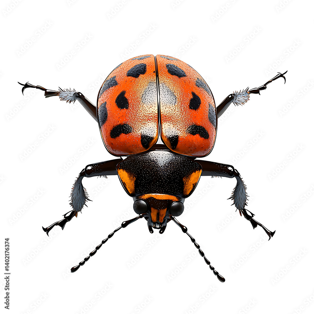 Close-up of a red and black firebug with symmetrical markings, segmented legs, and shiny body shell isolated on transparent background in frontal top-down view