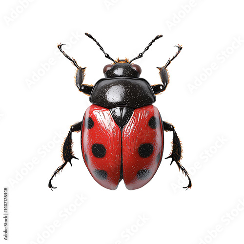 Obraz na płótnie Close-up of a red and black firebug with symmetrical markings, segmented legs, and shiny body shell isolated on transparent background in frontal top-down view w salonie