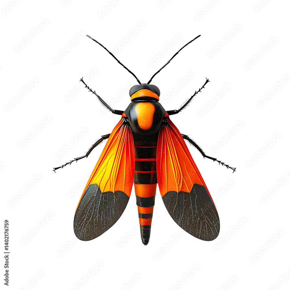 A vibrant orange firefly with segmented black body and spread wings featuring gradient color and texture isolated on a transparent background for entomology visuals