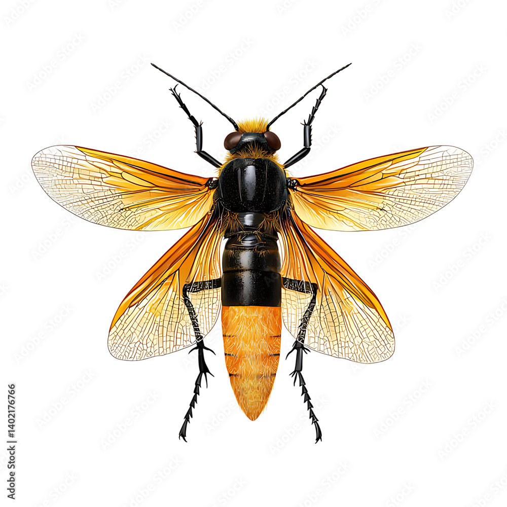 A vibrant orange firefly with segmented black body and spread wings featuring gradient color and texture isolated on a transparent background for entomology visuals