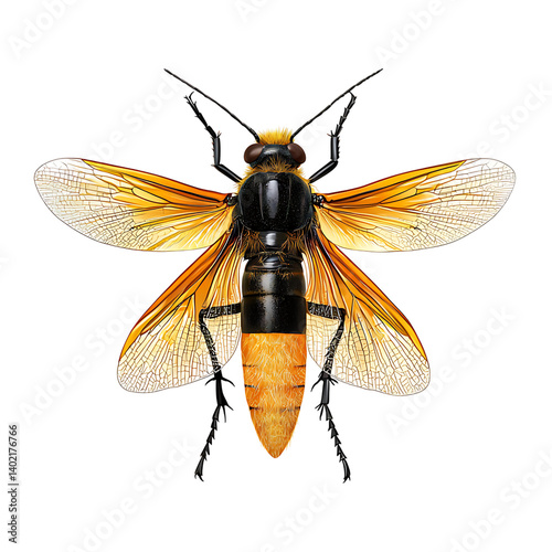 Obraz na płótnie A vibrant orange firefly with segmented black body and spread wings featuring gradient color and texture isolated on a transparent background for entomology visuals w salonie