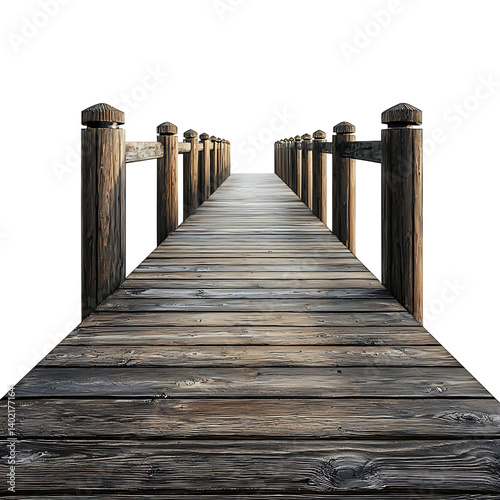 Obraz na płótnie A long wooden boardwalk bridge with evenly spaced vertical railings on each side stretching into distance in perspective view isolated on transaprent background w salonie