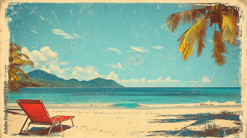 Vintage beach vacation postcard with palm trees, ocean, and lounge chair for travel and tourism ads