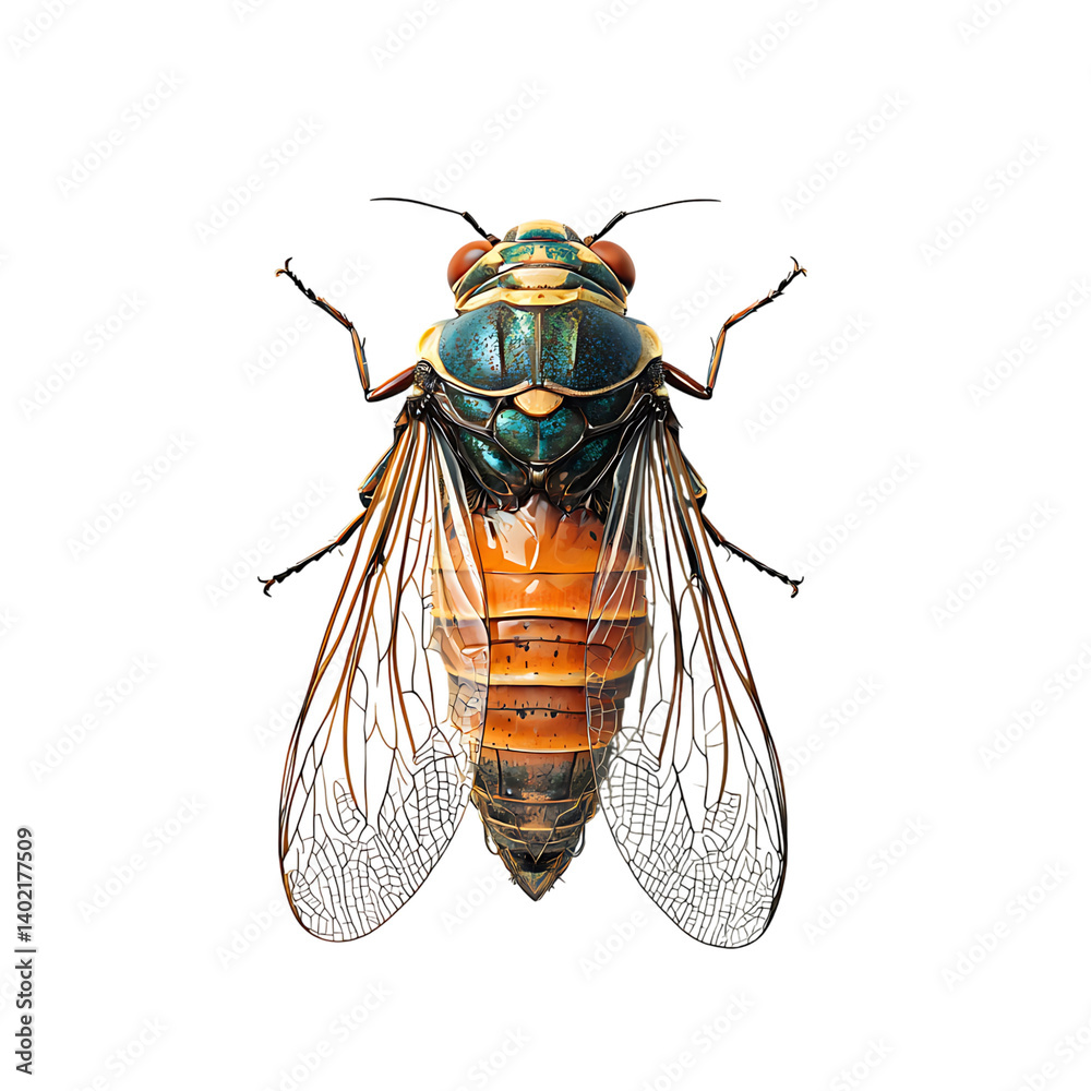 Colorful cicada insect with transparent wings isolated