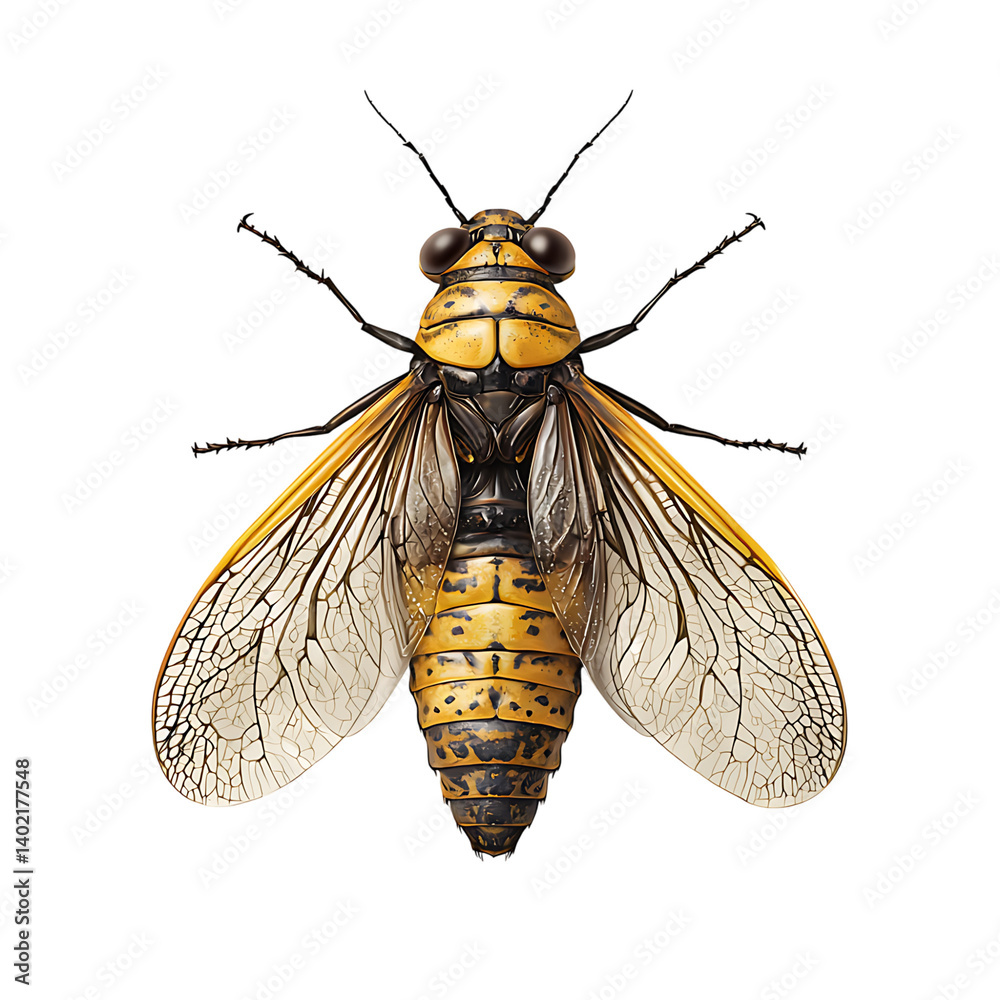 Colorful cicada insect with transparent wings isolated