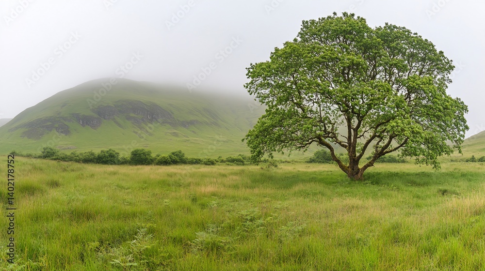 Obraz premium Misty Highland Meadow with Lone Tree