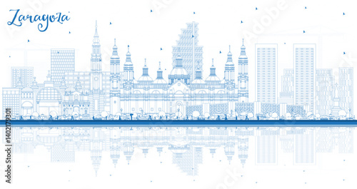 Outline Zaragoza Spain City Skyline with Blue Buildings and reflections. Zaragoza Cityscape with Landmarks. Business Travel and Tourism Concept with Historic Architecture.