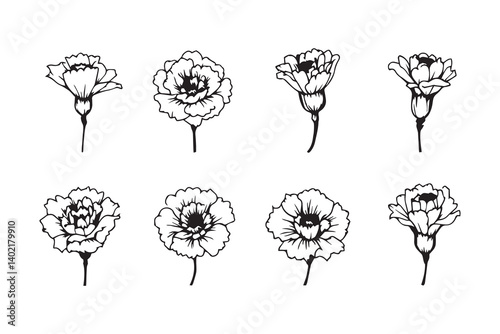 Set of 6 pec in two row  Carnation black line art on white background