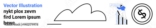 Person viewing data on statistics graph, dollar sign circle, and abstract cloud. Ideal for data analysis, business growth, financial insights, technology, cloud storage, teamwork abstract line flat