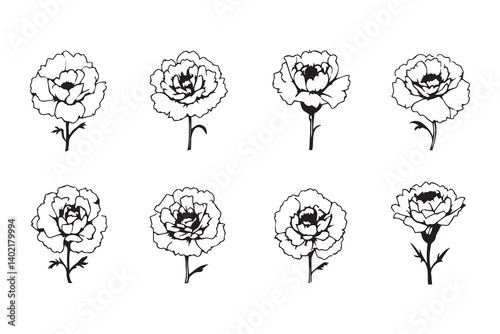 Set of 6 pec in two row  Carnation black line art on white background