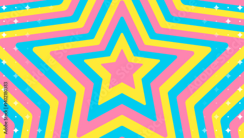 同心状の星とキラキラのパターン背景、ポップなデザイン、装飾的な放射型図形