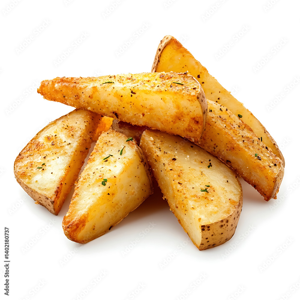 Golden and crispy potato wedges with a perfectly seasoned exterior and a soft, fluffy interior, isolated white background Golden and crispy potato wedges with a perfectly seasoned exterior and a soft, fluffy interior, isolated white background