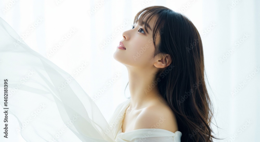 上向きの美しいアジア人女性 - 透き通るような白い布、希望と未来へのまなざし | 美容、健康、ウェルネス、広告、ポートレート 上向きの美しいアジア人女性 - 透き通るような白い布、希望と未来へのまなざし | 美容、健康、ウェルネス、広告、ポートレート