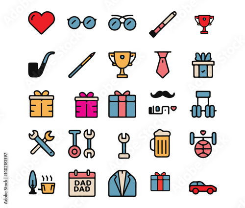 Colorful Father’s Day Icon Pack – Tools, Gifts, Trophies, Ties & More Illustrations .