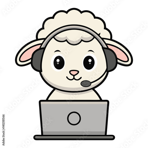 Cute sheep with headphones on a laptop