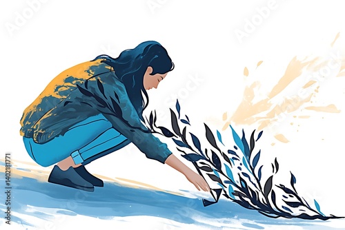 Girl Plants, Coastal Scene