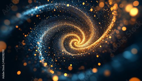 Abstract background with golden spiral, glowing dots and light swirls in dark blue space, Abstract swirling galaxy of golden and blue particles with bokeh effect, Galaxy background.