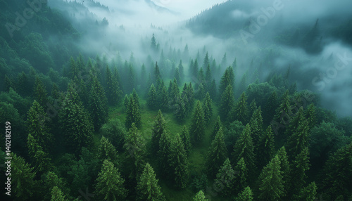 Aerial View of Misty Green Coniferous Forest in Mountain Valley