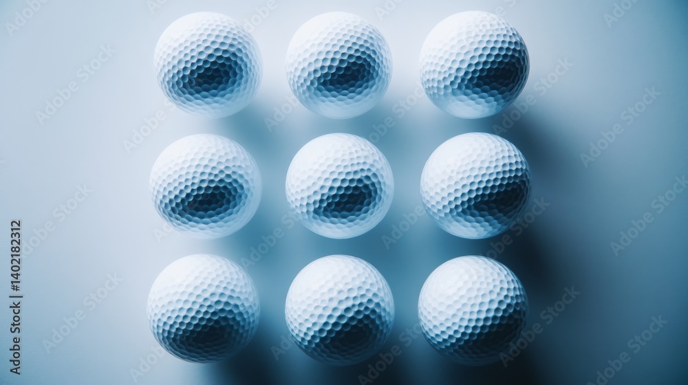 Fototapeta premium Six white golf balls neatly arranged in a perfect circle are displayed on a clear, reflective surface, emphasizing their smooth texture and captivating symmetry