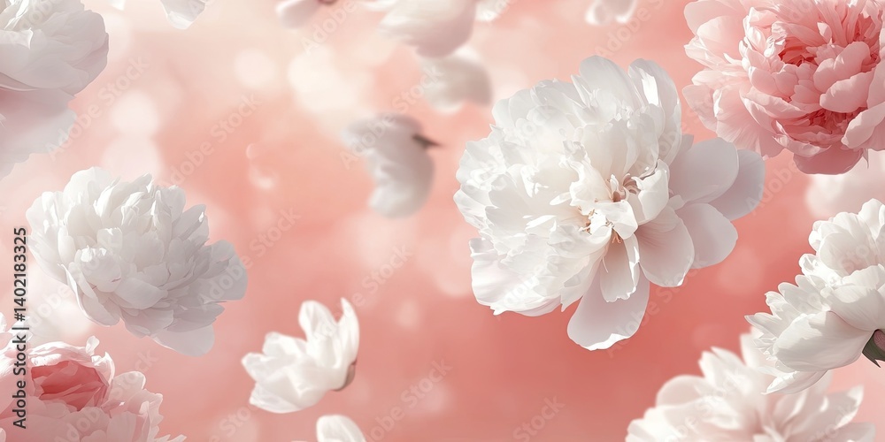 Delicate white and pink peonies float against a soft pink background Delicate white and pink peonies float against a soft pink background
