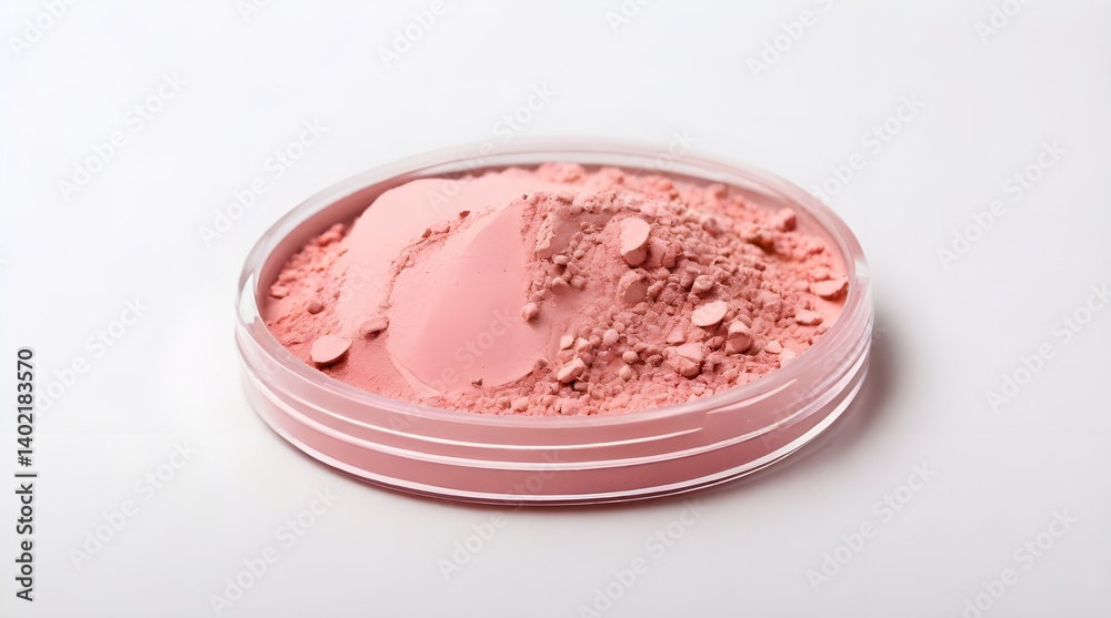 Round pink powdered makeup sample as a cosmetics product.generative.ai