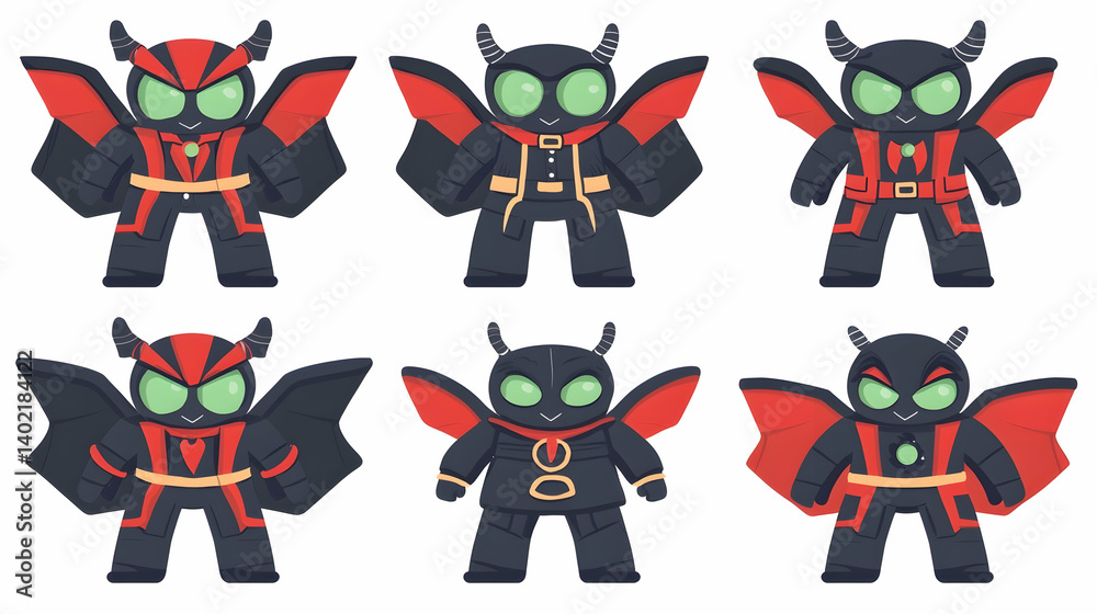 Six cute cartoon bat-like creatures in various red and black outfits, isolated on white background, perfect for children's book illustration or game character design Six cute cartoon bat-like creatures in various red and black outfits, isolated on white background, perfect for children's book illustration or game character design