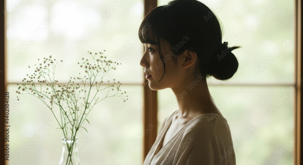 窓辺で花を見つめる若い女性の横顔 窓辺で花を見つめる若い女性の横顔