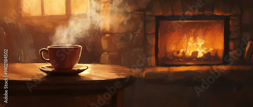 Steaming Cup of Coffee on Wooden Table with Fireplace in Background, A steaming cup of coffee on the table, Coffee, Hot drink, Relaxation, Comfort, Energy, A fireplace background.