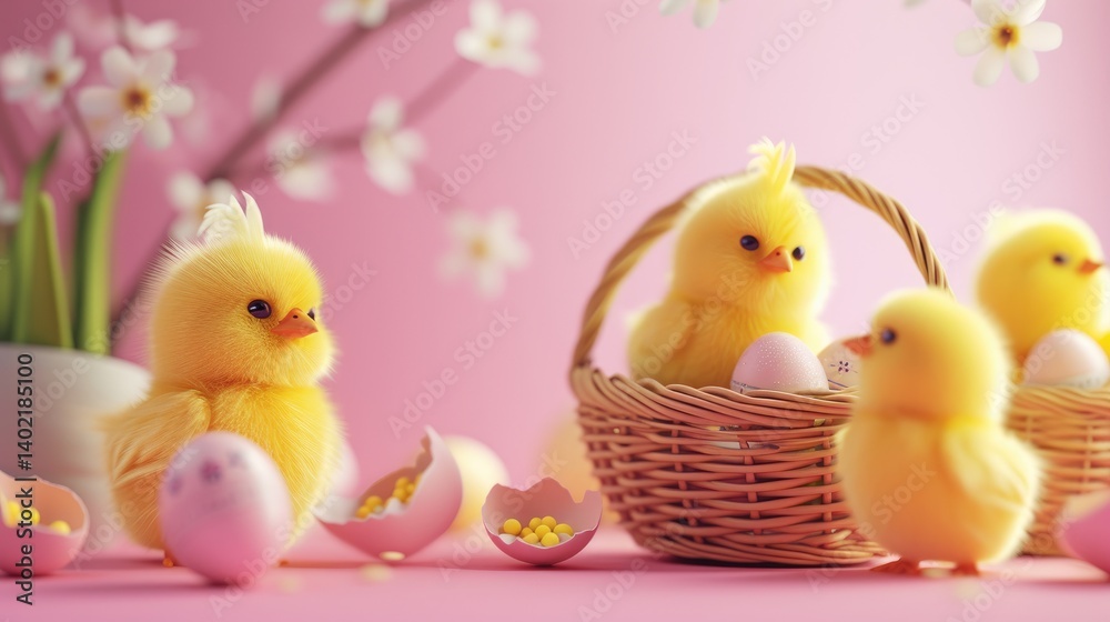 Fluffy Yellow Chicks Easter Basket Pink Background