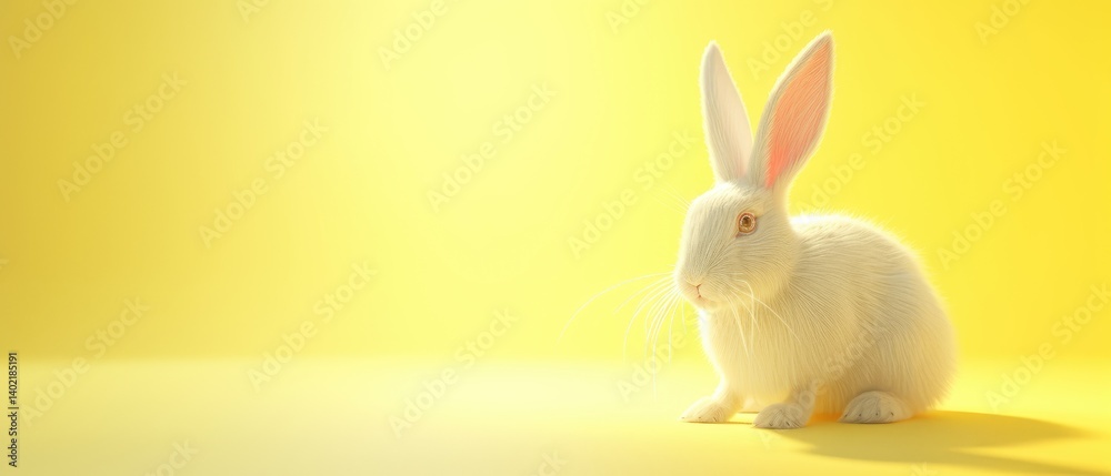 A Fluffy White Rabbit Sits On Yellow Background