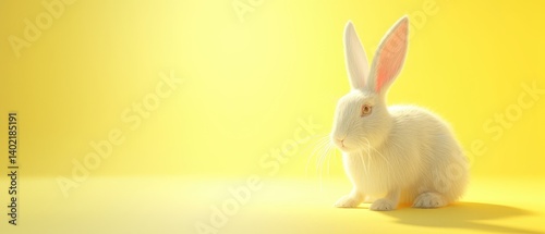 Obraz na płótnie A Fluffy White Rabbit Sits On Yellow Background w salonie