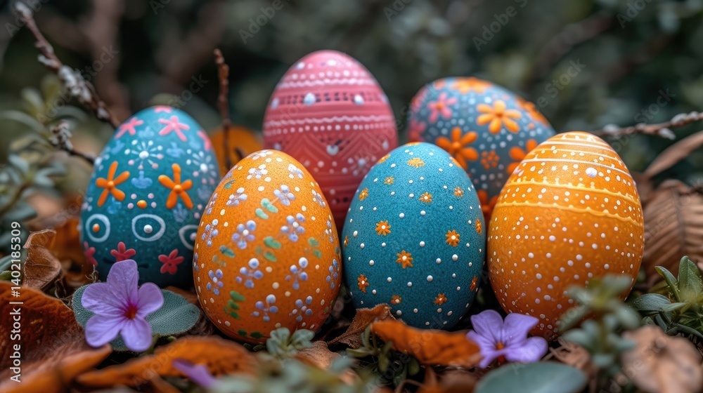 Five hand painted Easter eggs in a nest of autumn leaves and small purple flowers.