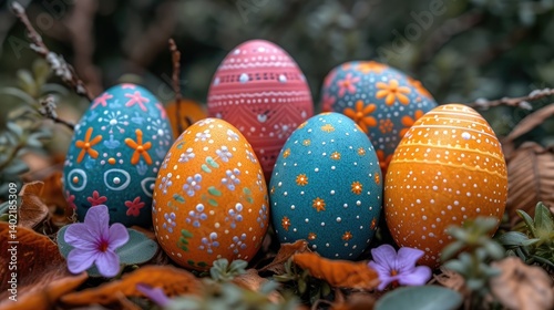 Five hand painted Easter eggs in a nest of autumn leaves and small purple flowers.