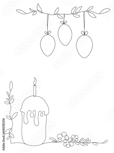 Continuous line drawing of easter cake with icing, lit candle and eggs. Vector  doodle outline composition for banners, greeting cards, social networks template.