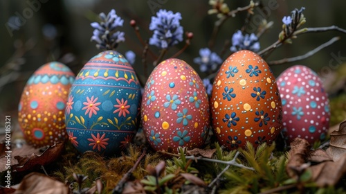 Decorated Easter Eggs Nestled Among Spring Flowers