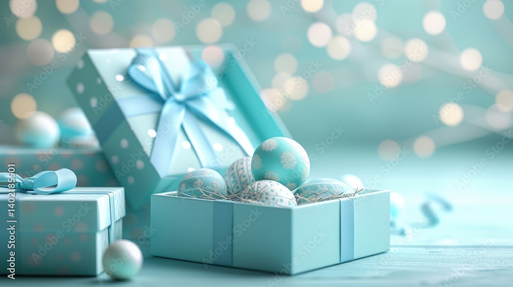 Decorated Easter eggs nestled in a light blue gift box