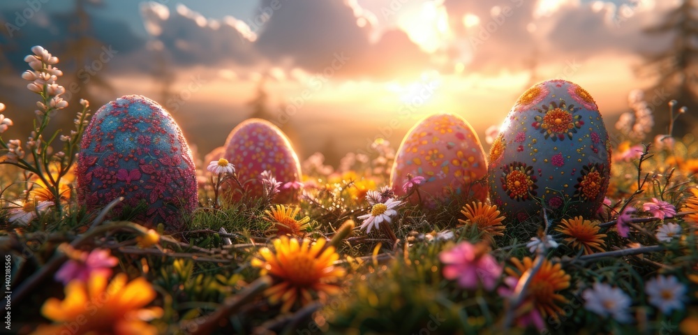 Ornate Easter eggs rest amongst blooming wildflowers in a vibrant sunrise