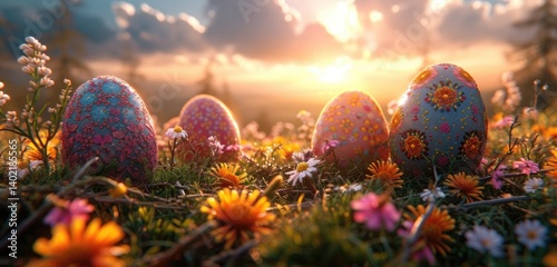 Obraz na płótnie Ornate Easter eggs rest amongst blooming wildflowers in a vibrant sunrise w salonie