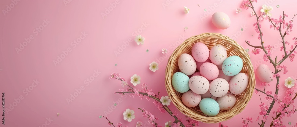 Wicker basket filled with pastel-colored Easter eggs is surrounded by delicate pink and white blossoms on a pink background.